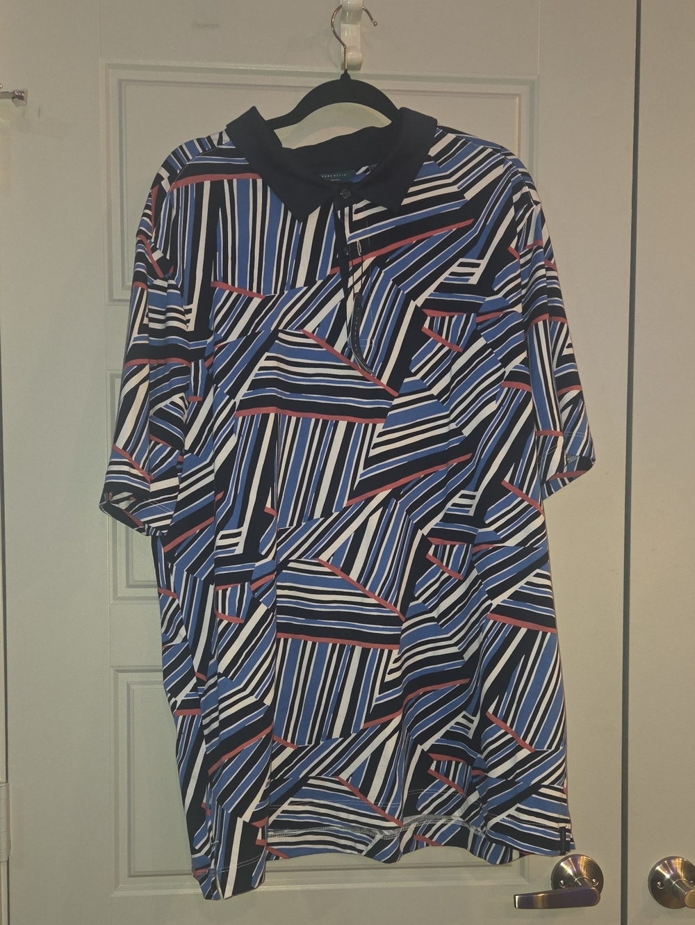 Perry Ellis Abstract Stripe Polo - Navy, White & Blue with Red Accents
